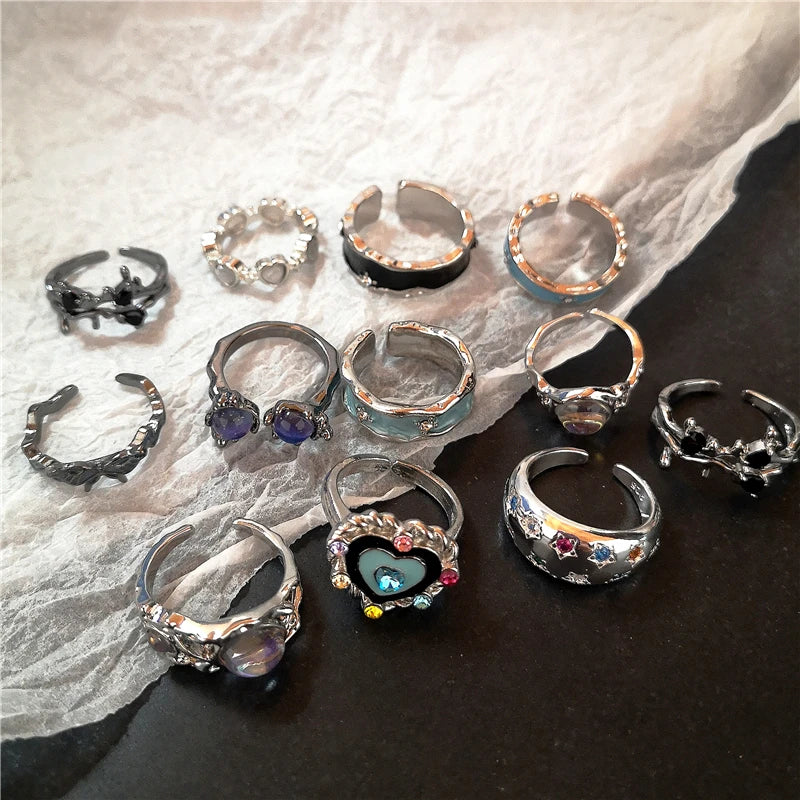 Y2K Kpop Crystal Heart Star Adjustable Irregular Geometry Punk Vintage Harajuku Rings Set For Women Girl Fashion Grunge Jewelry