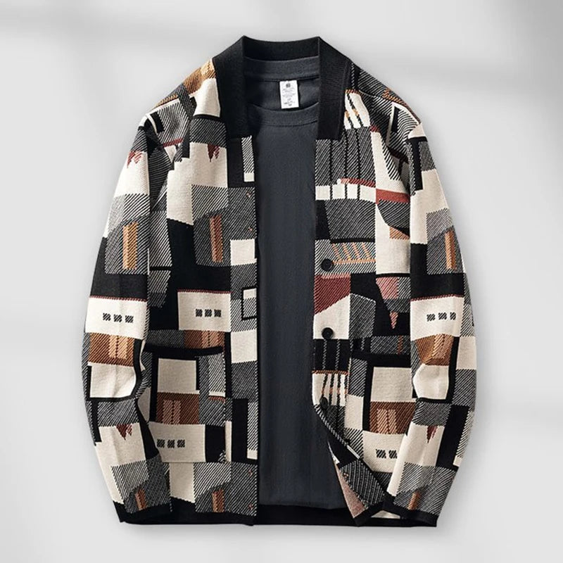 Geometric Oil Painting Camouflage Irregular Cardigan Sweater Men's Plus Size Widened Autumn New Outer Wear Jacket Top Preppy