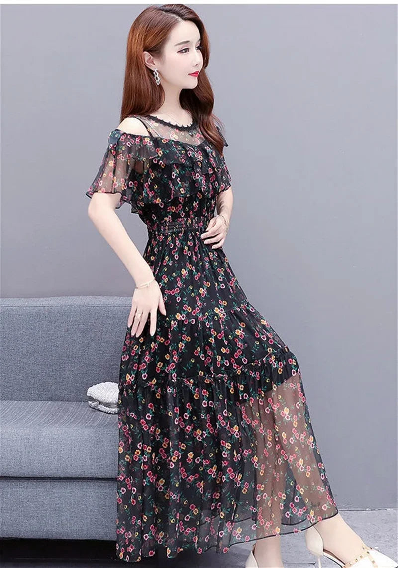 Mesh Chiffon Floral Print Dress Women 2024 New Summer Bohemian Beach Dress Long Off Shoulder Sexy Lady Party Dresses Vestidos