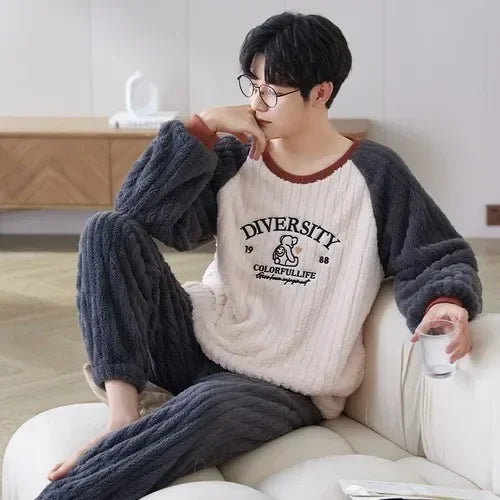 2024 Winter Men Fleece Casual Long Sleeve Pajamas Set Coral Velvet Cute Cartoon Sleepwear Male Plush Thicken Warm Homewear