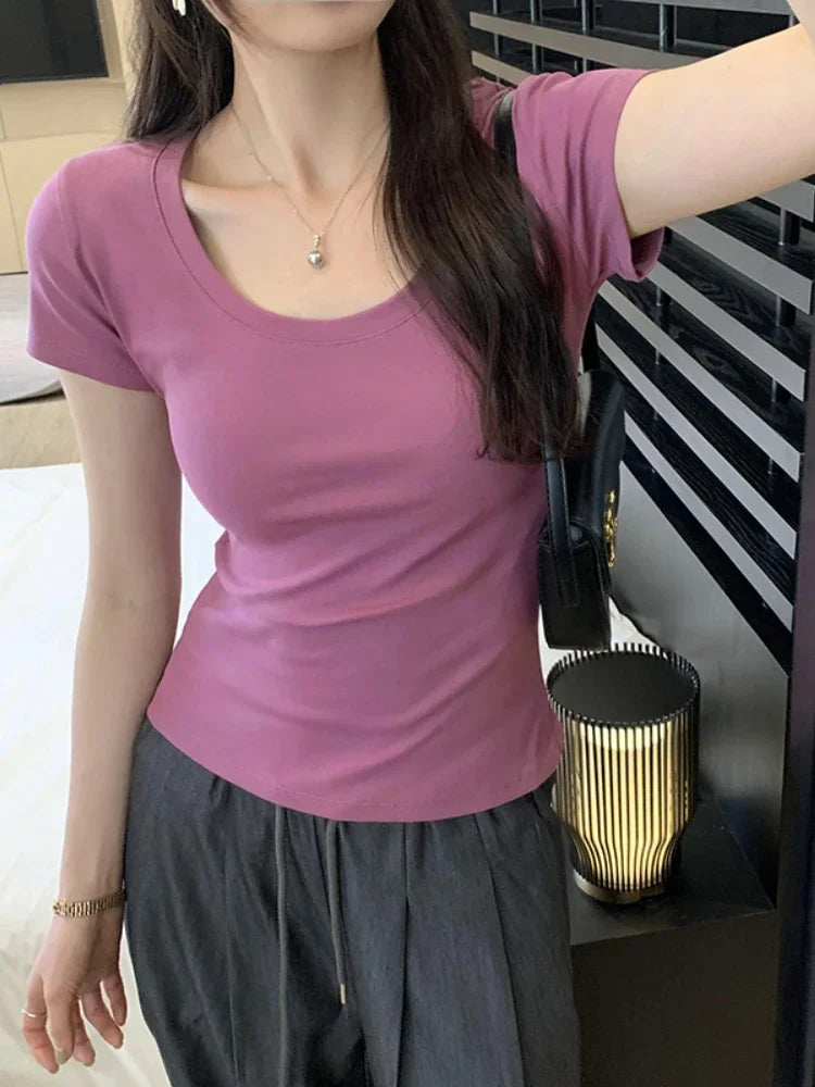 Spring Summer New Short Sleeve T-Shirt Women Solid Simple Casual Soft All-Match Hot Basic Slim Tops Tees Summer Fashion 2026