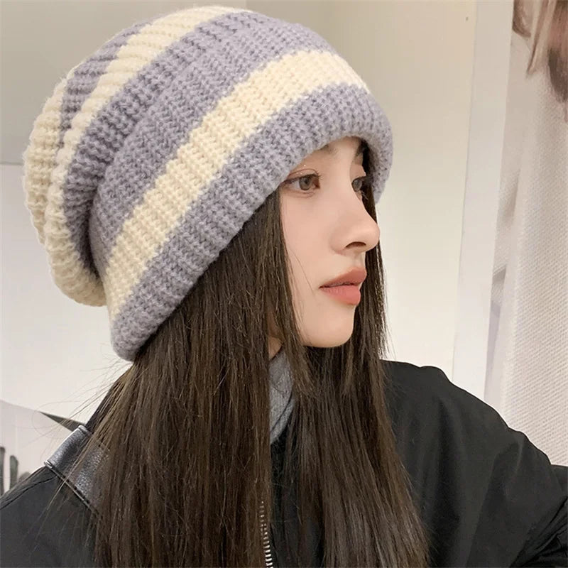 Stripe Knitted Winter Hats, Women Warm Caps, Casual Men's Hip Hop Beanies, Unisex Bonnet