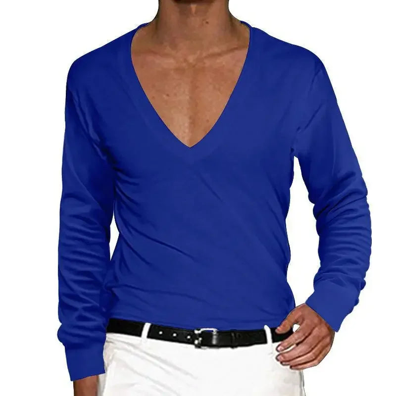 2025 Men's T-Shirt Summer Shirts Low Cut Deep V Neck Comfortable Shirt Tops Men's Long Sleeve Casual Pullover Sexy Slim Fit Tees