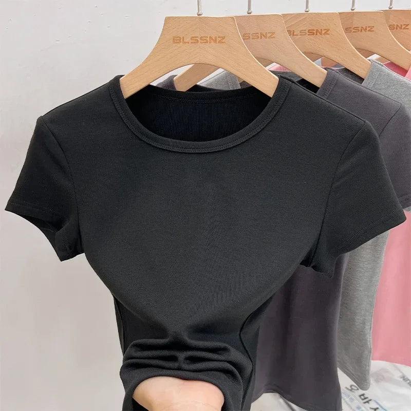 AOSSVIAO 2026 Summer White Cotton O Neck T-shirt Student Short Sleeve Versatile Tops Solid Slim Fit T Shirts Y2k Tee