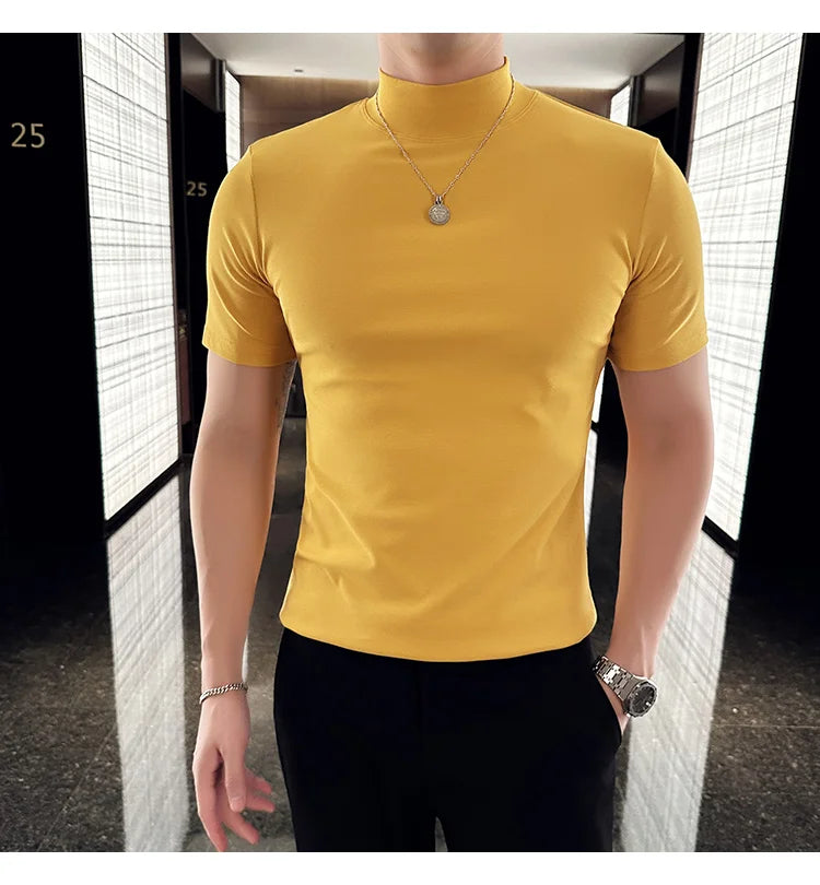Spring Summer Men's Half High Neck Short Sleeve T-shirt Korean Slim Fit Solid Color Bottom Shirt Casual Cotton Elastic T-shirts