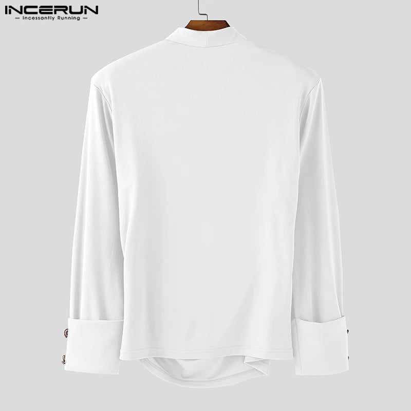 INCERUN Men Irregular Shirt V Neck Long Sleeve Solid Color Men Clothing Loose Pleated Streetwear 2025 Casual Irregular Shirts