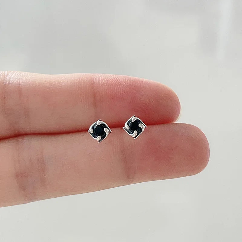 Mini Personality 925 Sterling Silver Square Black Crystal Stud Earrings for Woman Men Korean Designer Hip-hop Rock Jewelry Gifts