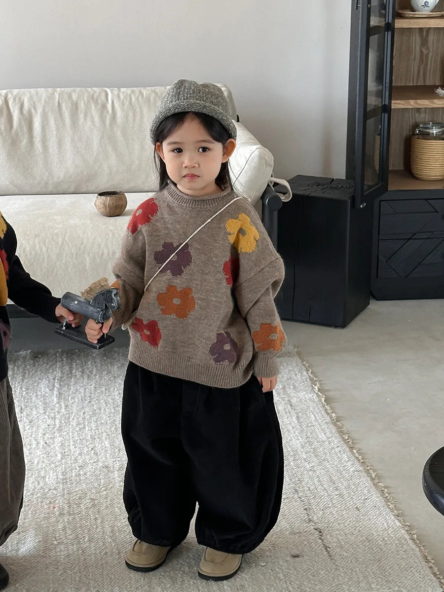 deer jonmi 2025 New Autumn Unisex Children Flowers Knitted Sweaters Retro Baby Boys Girls Pullovers Sweater