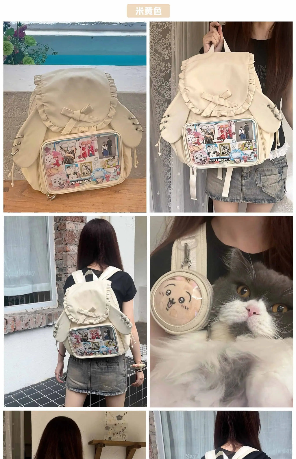Original Two-dimensional Cute Transparent Large-capacity Backpack Women Sweet Bow Rabbit Ears Bags Preppy Style Kawaii Backpacks
