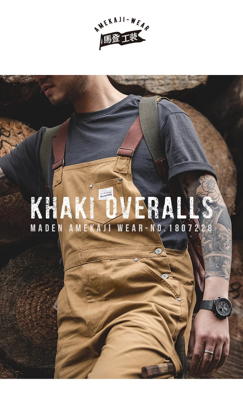 Japanese Vintage Khaki Suspenders Bibs Spring Autumn Canvas Cargo Pants Streetwear Men Rompers Full Length Trousers Jumpsuits