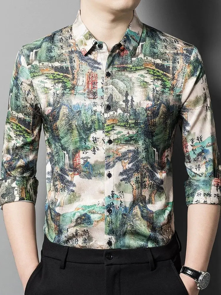 Men's New Long Sleeve National Style Shirt Middle-aged Trendy High-grade Printed China Thin Casual Shirt