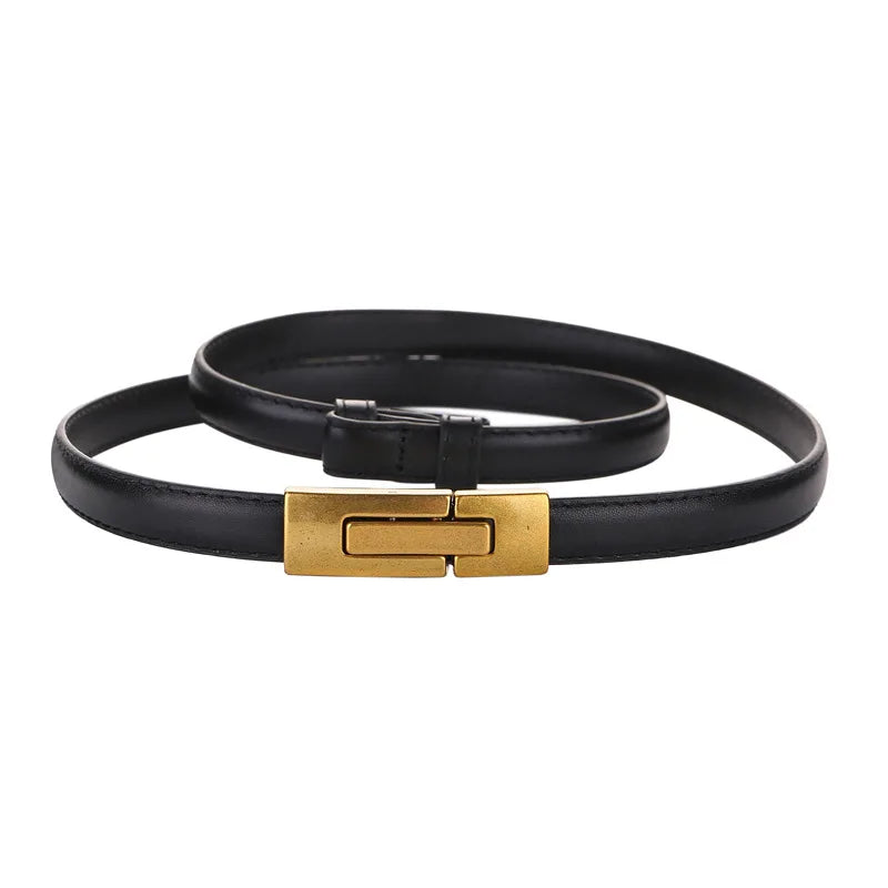 Women Skinny Genuine Leather Slim Belt Adjustable Alloy Buckle Waist Belt for Dress