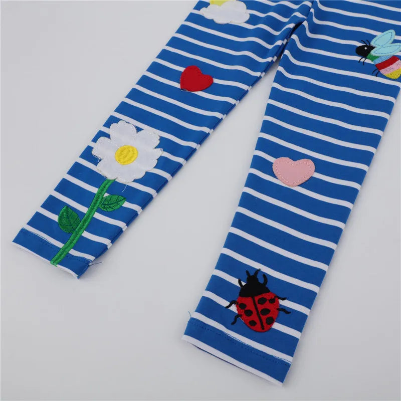 Jumping Meters New Baby Leggings Pants Blue Stripe Bee Flowers Embroidery Fashion Girls Skinny Pants Hot Selling Leggings Girl