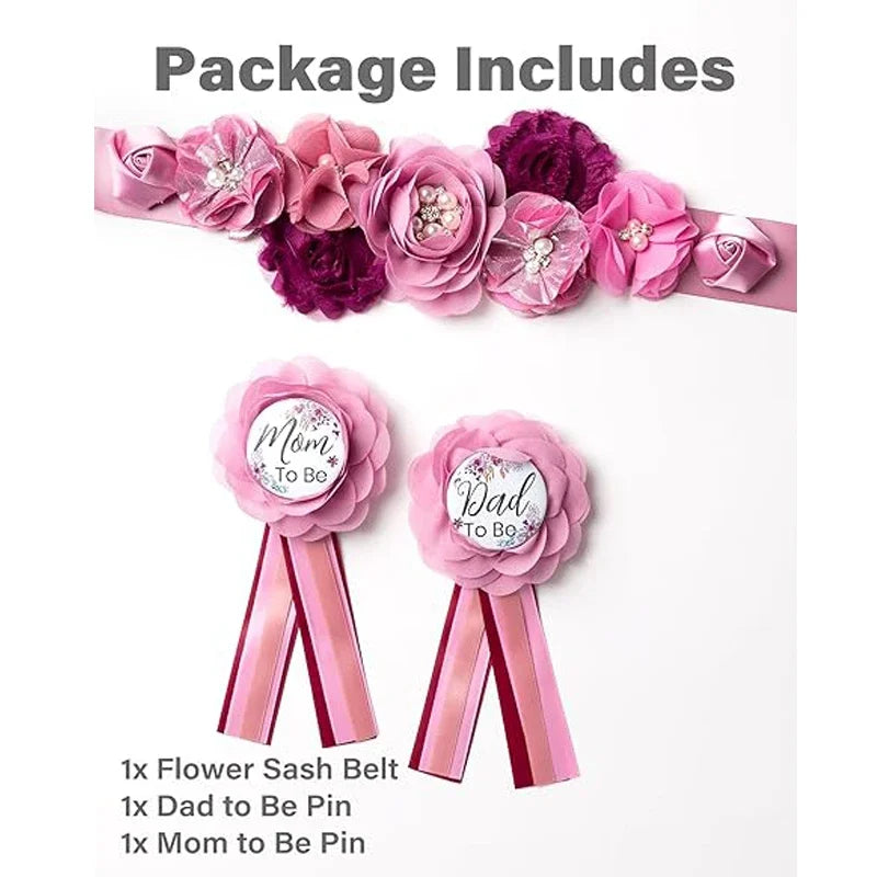 Flower Sash Set – Baby Shower Mom to Be, Daddy to Be, Ansteckblume – Blumenband für Umstandskleid, Foto-Requisiten حزام  Пояс Cinturón