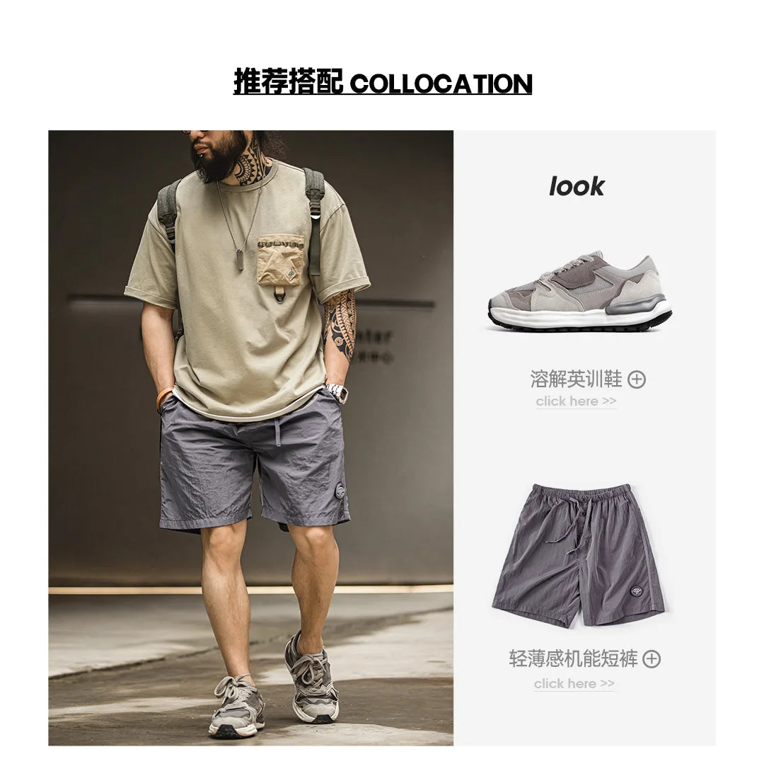 Maden Casual Outdoor Spliced Pocket Short Sleeve T-Shirt Men's Summer Loose Fit Breathable Round Neck Tee Comfortable Street Top