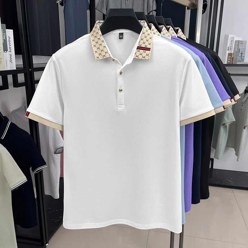 2025 Men's New Luxury High-end Jacquard Collar Lapel T-shirt Breathable Business Casual Top Suitable for Men's Spring and Summer