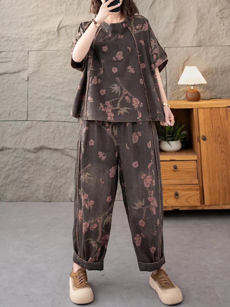 AmaxluluE 2025 Summer Women Denim Suits Loose Printed Two Pieces Sets Floral Outfit O Neck Tops Tees Vintage Jeans Fashion Pants