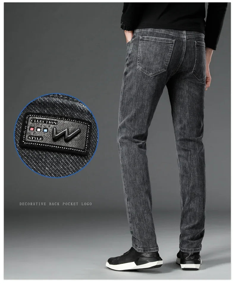 2025 New Autumn Men's Stretch Slim Jeans Straight Leg Casual Denim Trousers Male Business High Quality Classic Blue Gray Black