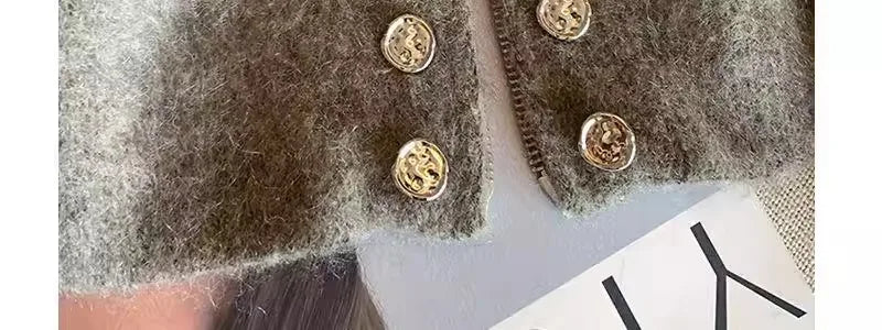 Grey Vintage Sweater Cardigans For Women Autumn New High Collar Double Breasted Knitted Coats Simple Elegant Female Knitwear Top