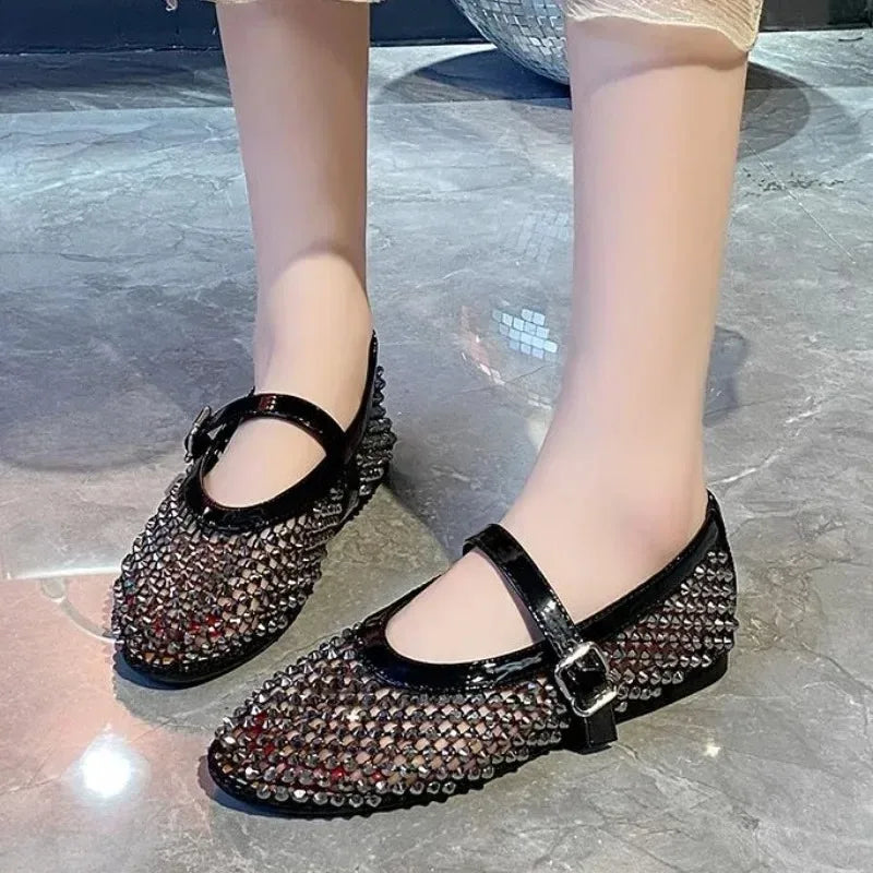 Luxury Crystal Rhinestone Fishnet Ballet Flats Woman Brand Design Rivet Mesh Mary Jane Shoes Ladies Summer Loafers Plus Size 42