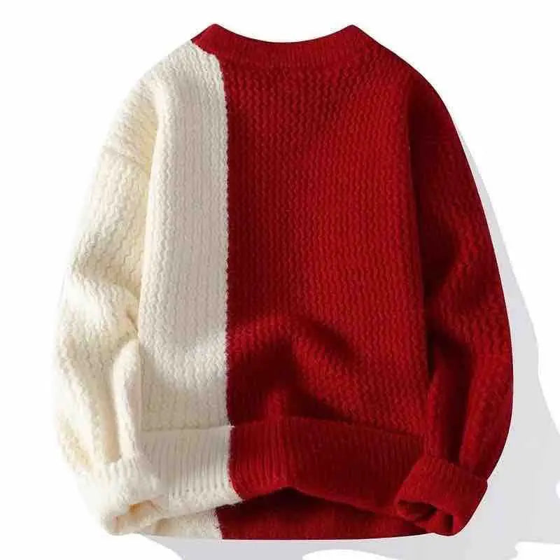 Autumn Winter Men Sweater O-Neck Patchwork Contrast Color Korean Trend Fashion Thicken Warm Pullovers Long Sleeve Knitted Tops