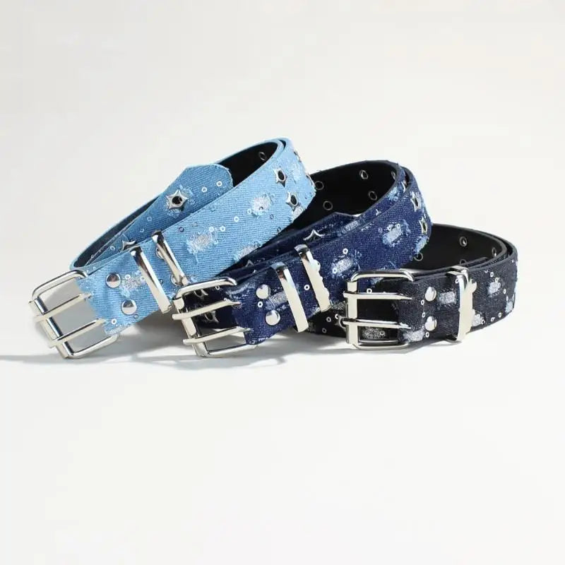 New Luxury Punk Belt Blue Denim Girdle HipHop Star Hollowed Pin Buckle Waistband For Men Women Fashion Accessories