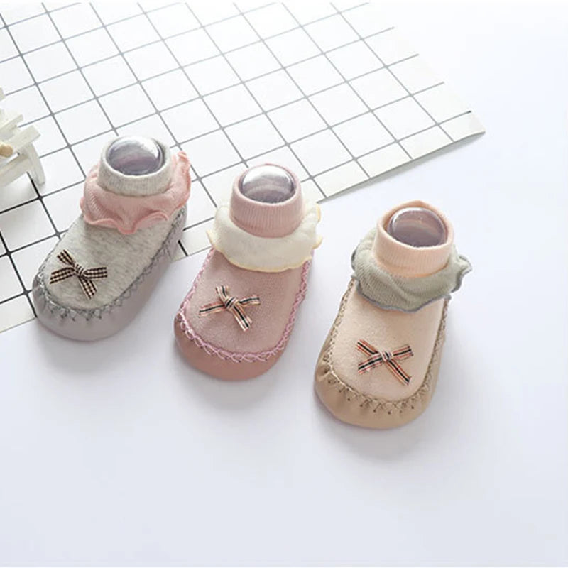 Baby Walking Socks Soft Sole Shoes 0-2Year Newborn Early Education Adhesive Anti Slip Floor Sock Cute Bow Shoe Kids Footwear