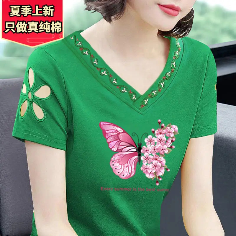 Simplicity Office Lady Summer New Pure Cotton Women's Solid V-Neck Embroidered Fashion Casual Loose Short Sleeve T-Shirts Tops