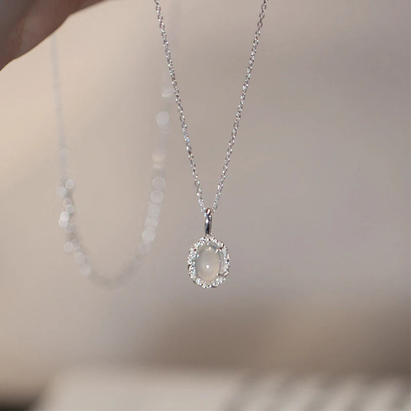 925 Sterling Silver White Jade Necklace Women's New Fashion Sweet Collarbone Chain Oval Pendant Simple Temperament Jewelry