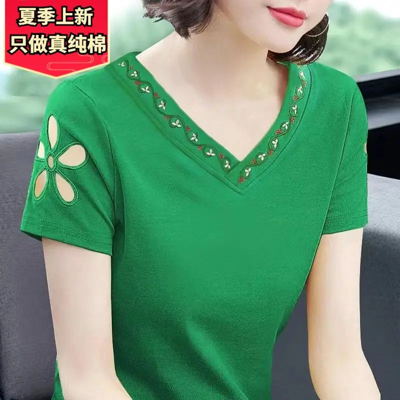 Simplicity Office Lady Summer New Pure Cotton Women's Solid V-Neck Embroidered Fashion Casual Loose Short Sleeve T-Shirts Tops