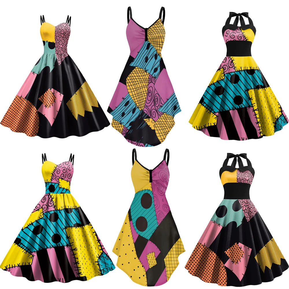 [You're My Secret] Halloween Nightmare Christmas Sally Dress Spaghetti Strap Women's Sexy Backless Dresses Patchwork Vestidos