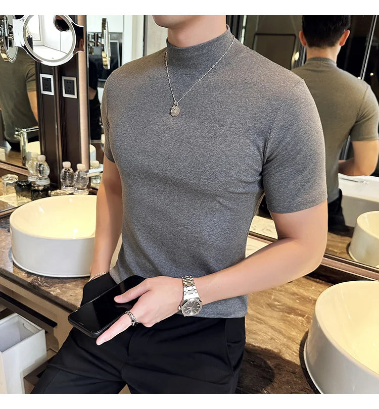 Spring Summer Men's Half High Neck Short Sleeve T-shirt Korean Slim Fit Solid Color Bottom Shirt Casual Cotton Elastic T-shirts