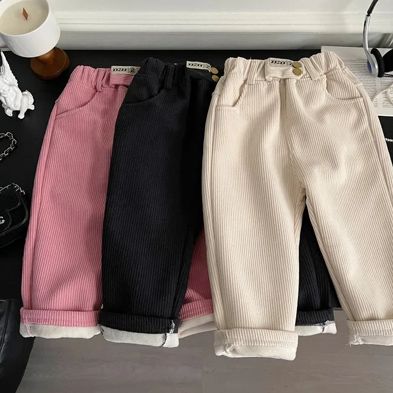 Kids Warm Pants Boy Girls Autumn Winter Corduroy Thick Outer Wear Sports Trousers 1-9Y Children Clothes Casual High Waist Pants