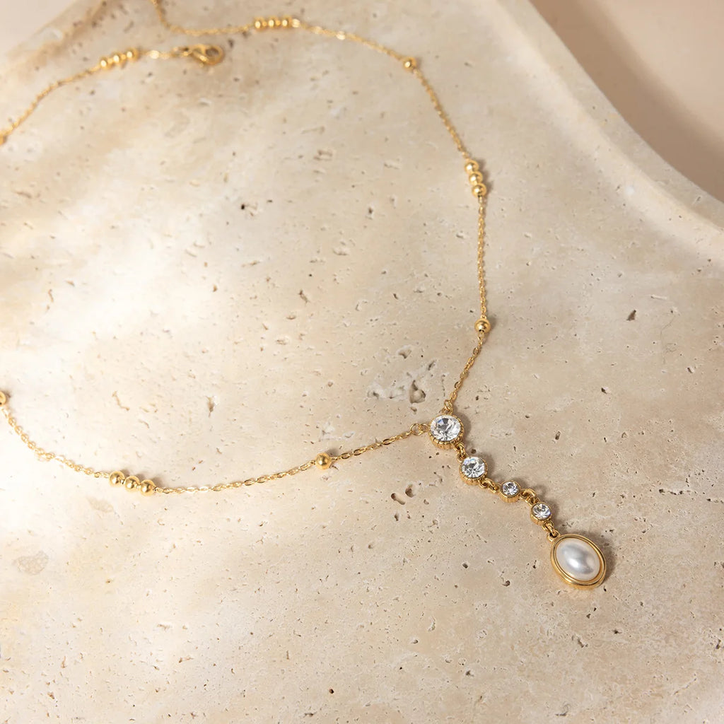 Ars 18k Gold Plated Stainless Steel Y Necklaces Pearl Tassel Necklaces Women's Multi Zircon Lariat Necklace Jewelry Gift for Her
