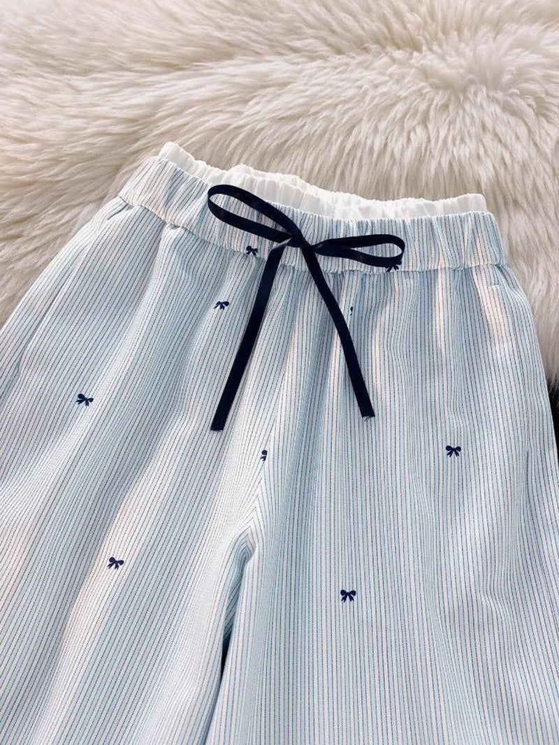 Zoki Sweet Bow Striped Pants Women High Waist Korean Casual Wide Leg Trousers Elegant Fashion Loose Cute Female Spring Pants New