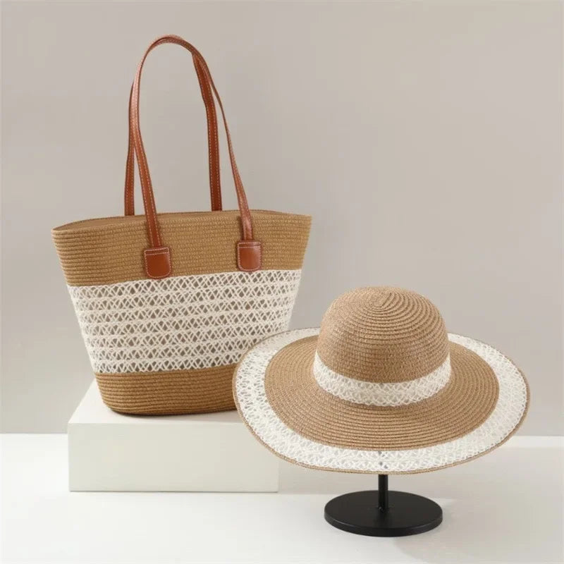 Large Capacity Straw Woven Bag And Hat Set for Outdoor Travel Face Slimming Wide Brim Sunshade Tote Bag Trendy Bucket Handbag