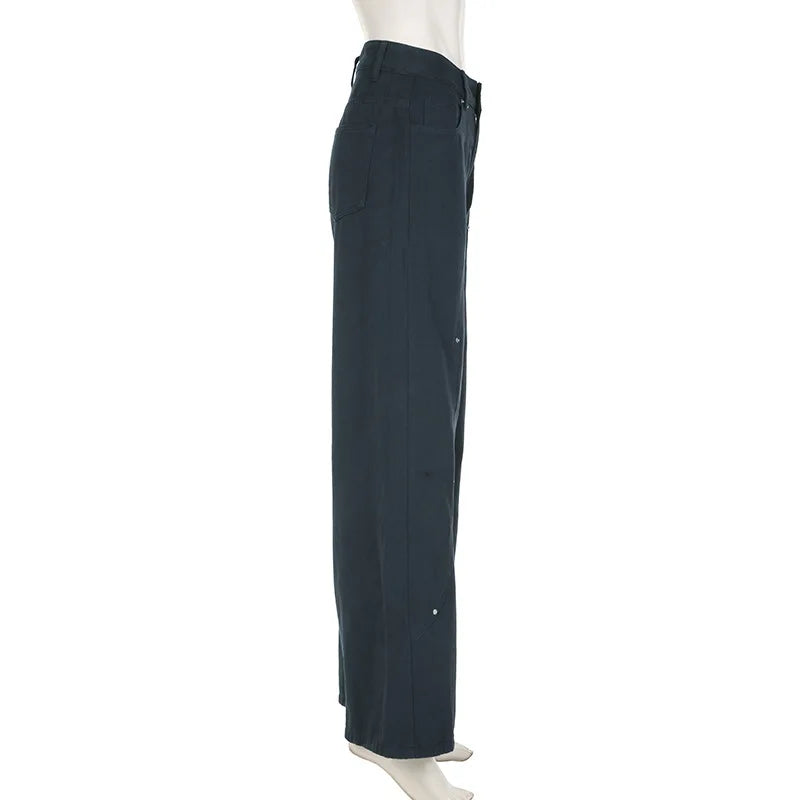 BKQU Fashion Straight Wide Leg Pants Women Baggy Jeans 2024 New American High Waist Irregular Rivets Design Wash Denim Trousers