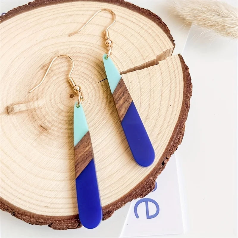 1-Pair Bohemian Long Strip Natural Wood Resin Acrylic Earrings Dopamine Peacock Color Women's Vacation Elegant Style