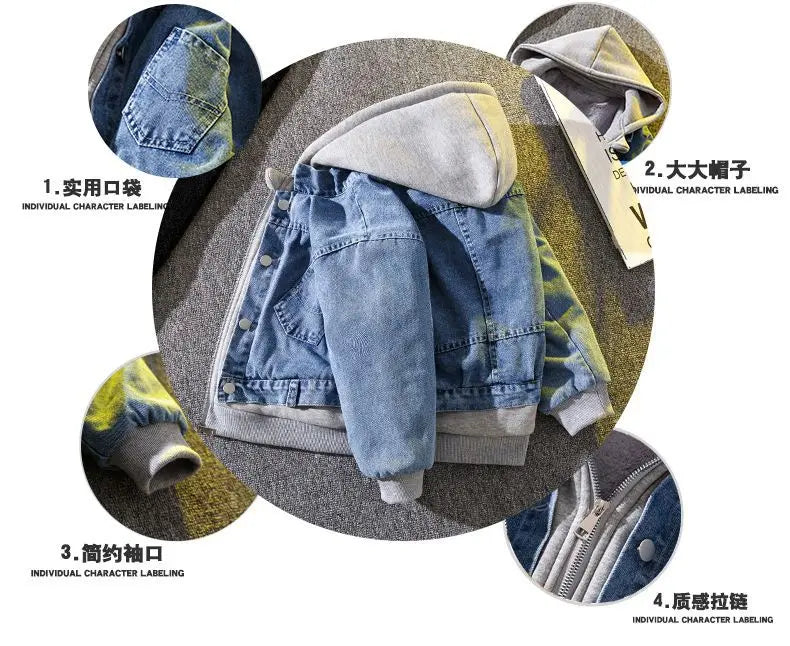Teenage Boys Denim Jacket Spring and Autumn New Children's hooded casual Korean version jacket
