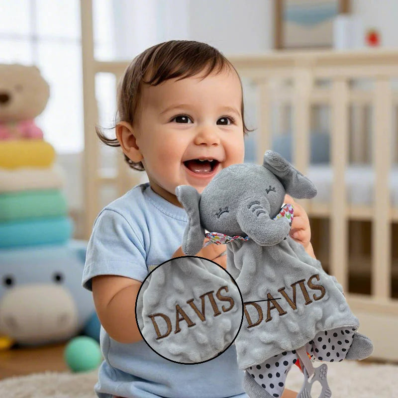 Personalised Baby Elephant Security Blanket Organic Cotton Comforter with Silicone Teether Infant Shower Gift