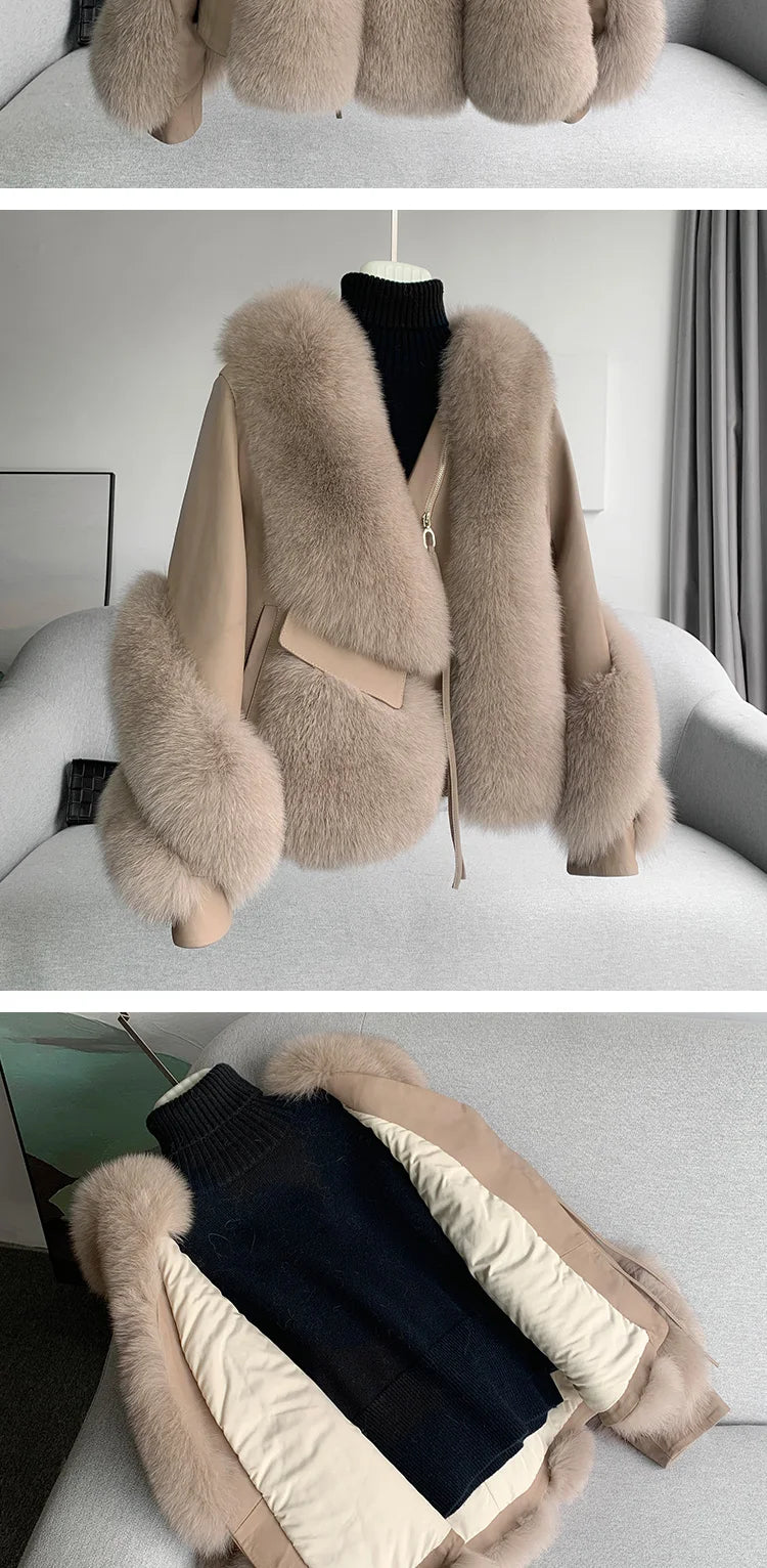 OFTBUY 2022 Real Fur Coat Winter Jacket Women Natural Fox Fur Genuine Leather Outerwear  Streetwear Locomotive Thick Warm New