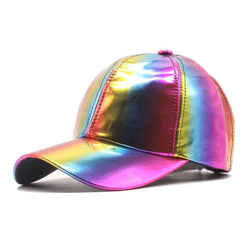 Rainbow Holographic Baseball Cap Shiny PU Leather Snapback Hat for Men Women Hip Hop Street Dance Party Cap