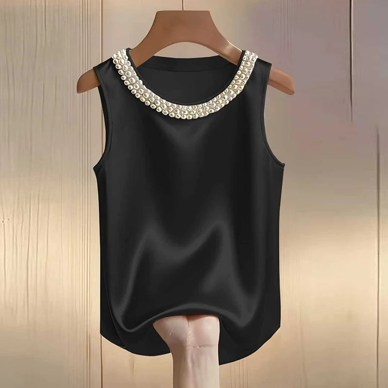 Elegant Satin Shirt Women Summer Bead Design Silk Blouse Women T-Shirts Fashion Loose Vest Women Tank Tops Fashion Lady Tee