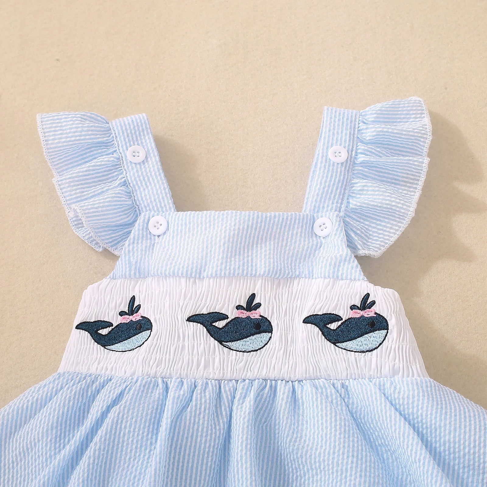 Summer female infant blue whale embroidery small flying sleeve triangular Romper casual cute