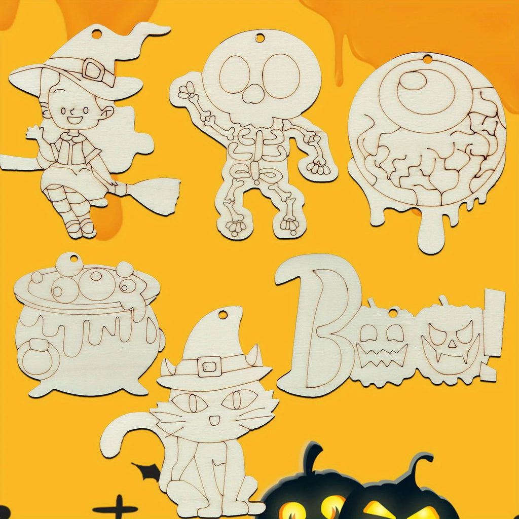 12pcs Wooden Halloween Unpainted Hanging Crafts Cartoon Witch/Cat Ornament for Halloween Decoration DIY Painting Gifts Supply