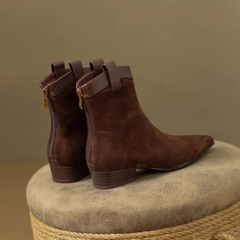 Women's Vintage Chunky Heel Ankle Boots Autumn Winter New Pointy Square Head Suede Back Zipper Soft Sole Non-slip Short Boots