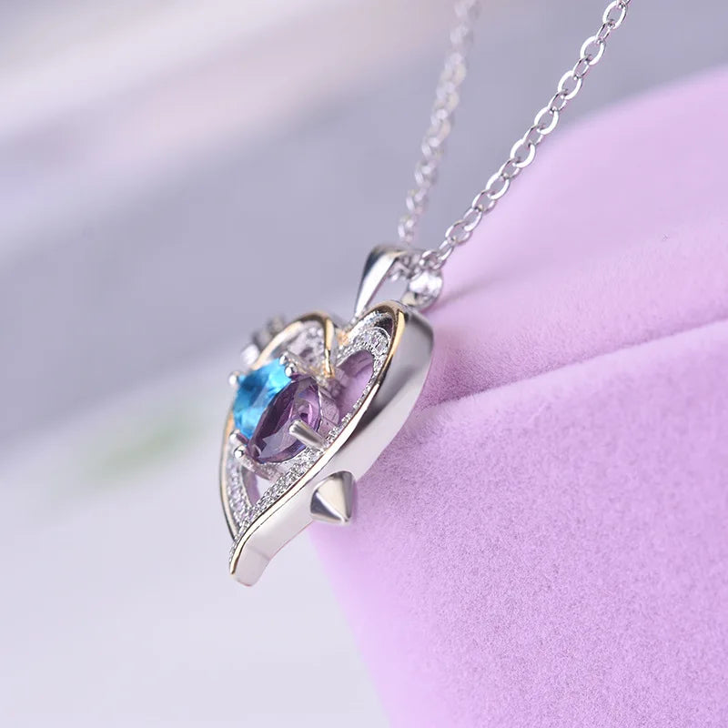 925er Sterling Silber Herz-zu-Herz-Anhänger-Halsketten für Frauen Mädchen Luxus Lila Blau Zirkon Liebe Damenschmuck Dropshipping
