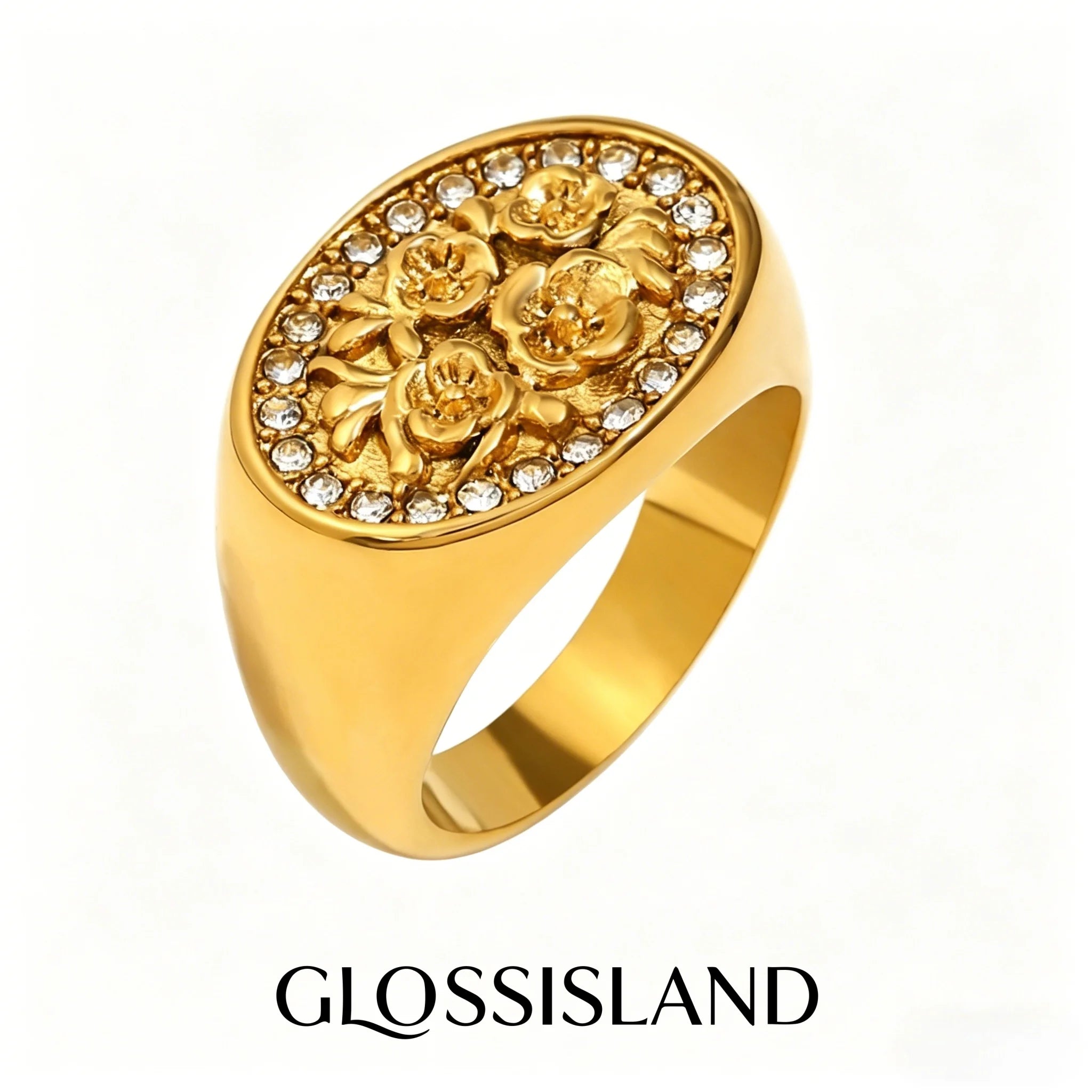 Glossisland Stainless Steel Flower Zircon Ring Plated 18k Gold Color Non Tarnish Waterproof Trendy Jewelry Ring for Women Gifts