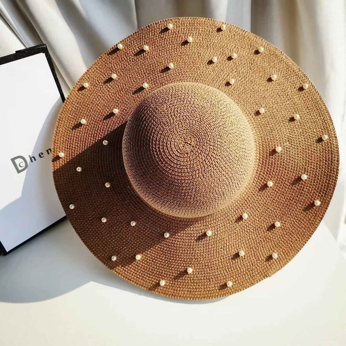 Hand made Pearl Straw Hat For Women's Summer Wide side Jazz Dress Cap Holiday Sun Protection Beach Hats