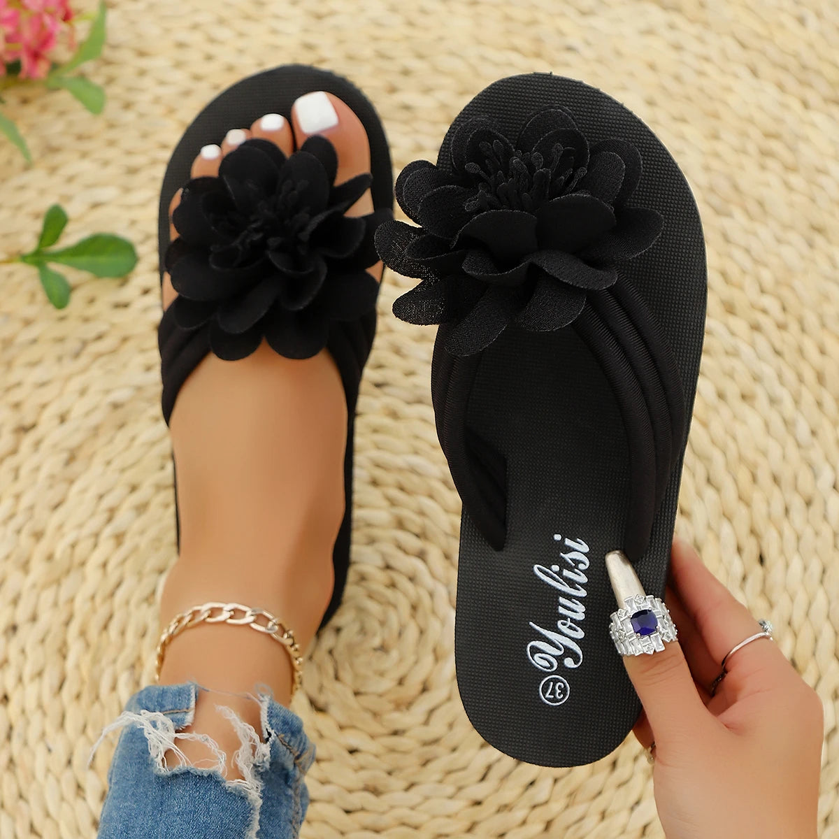 36-44 Women's Handmade Flower Decorated Flip Flops Slippers for Beach Vacation Casual Comfortable Flat Sandals Red Shoes